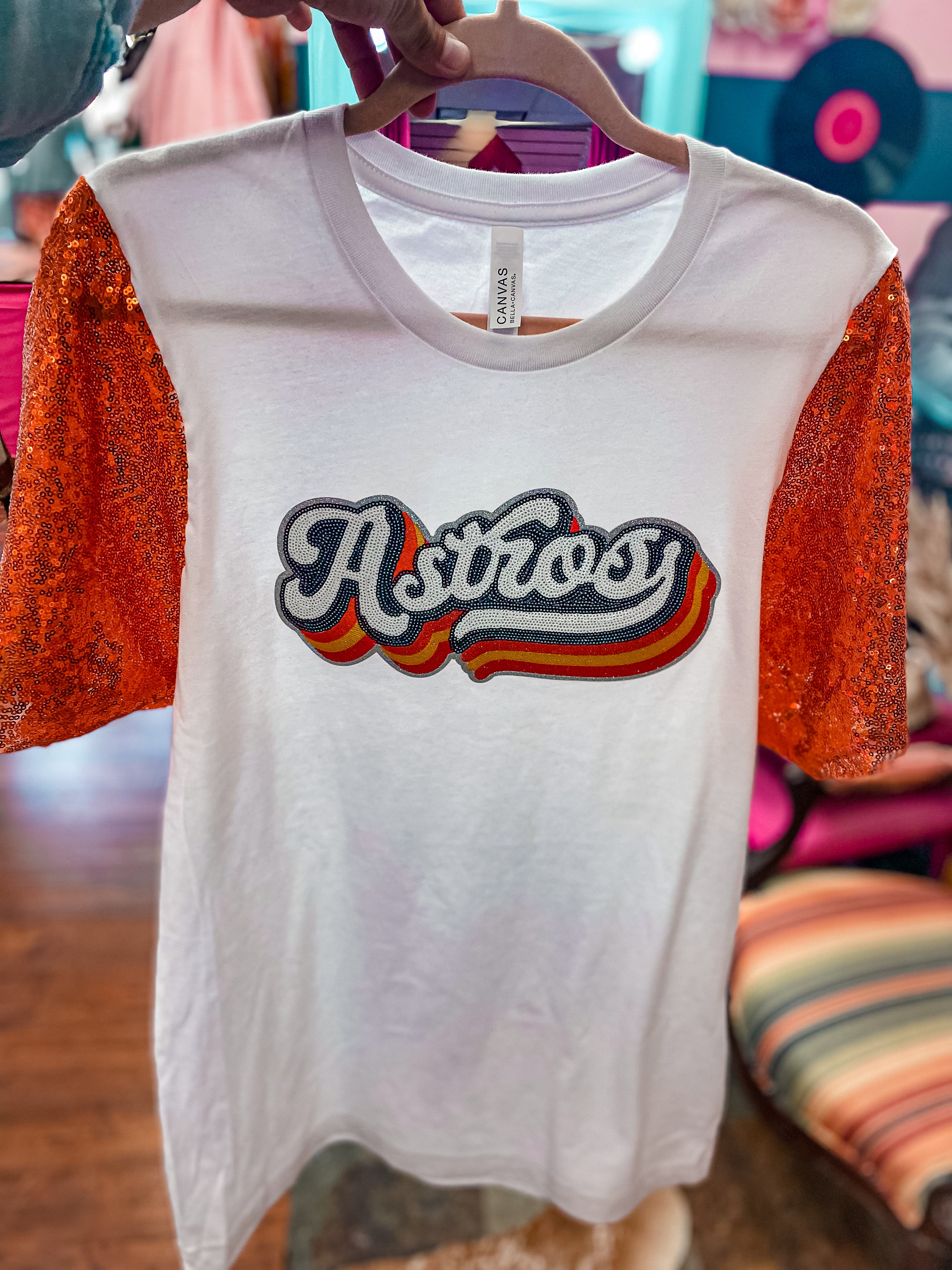 Astros Sequin Patch Sequin Sleeve Tee