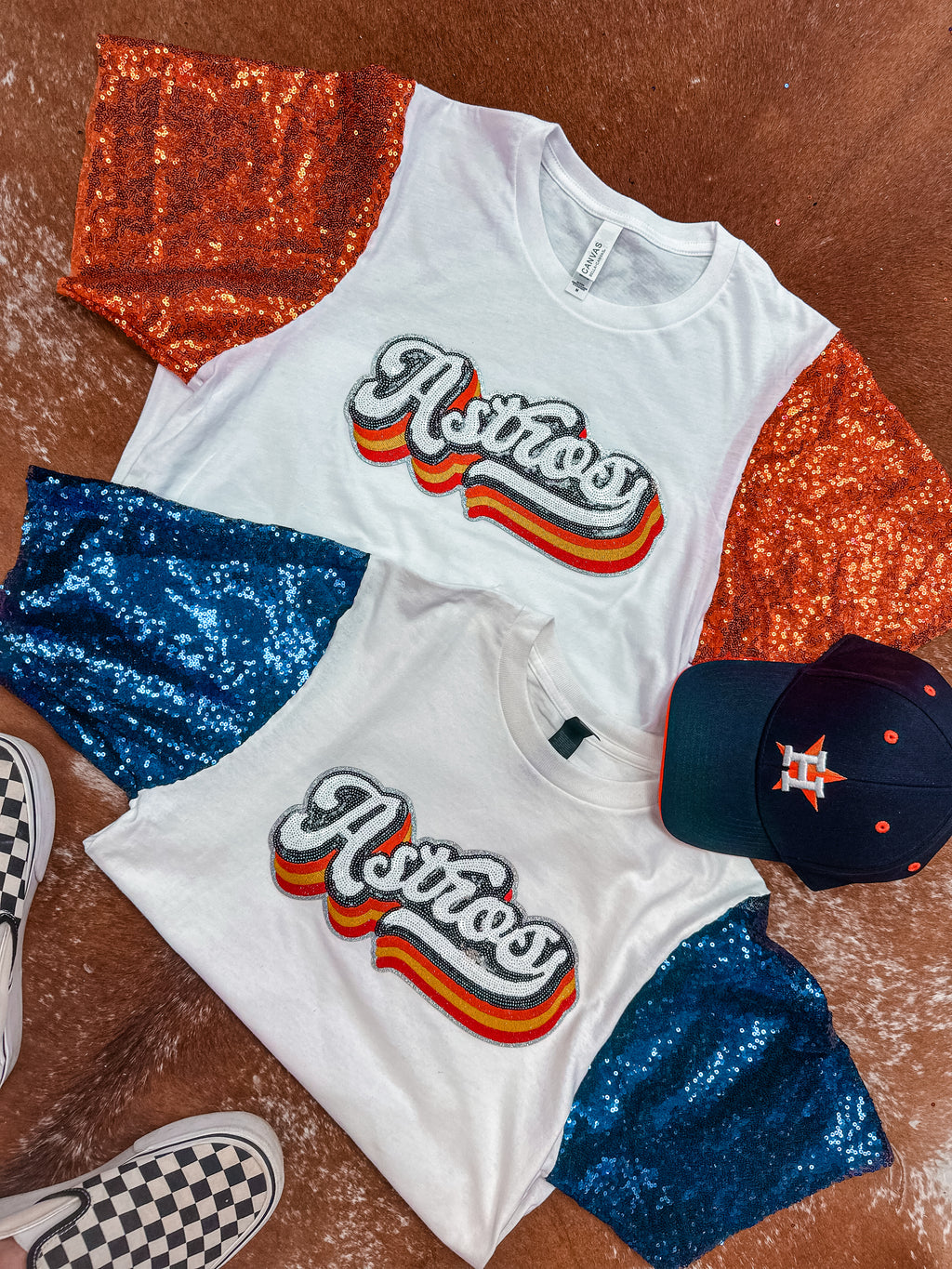 Astros Sequin Patch Sequin Sleeve Tee