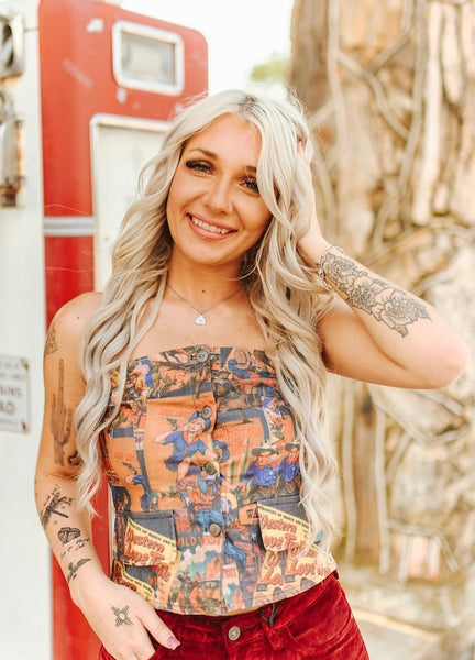 Western Collage Button Down Corset Top