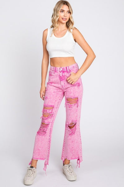 Pink Acid Wash Distressed Jeans